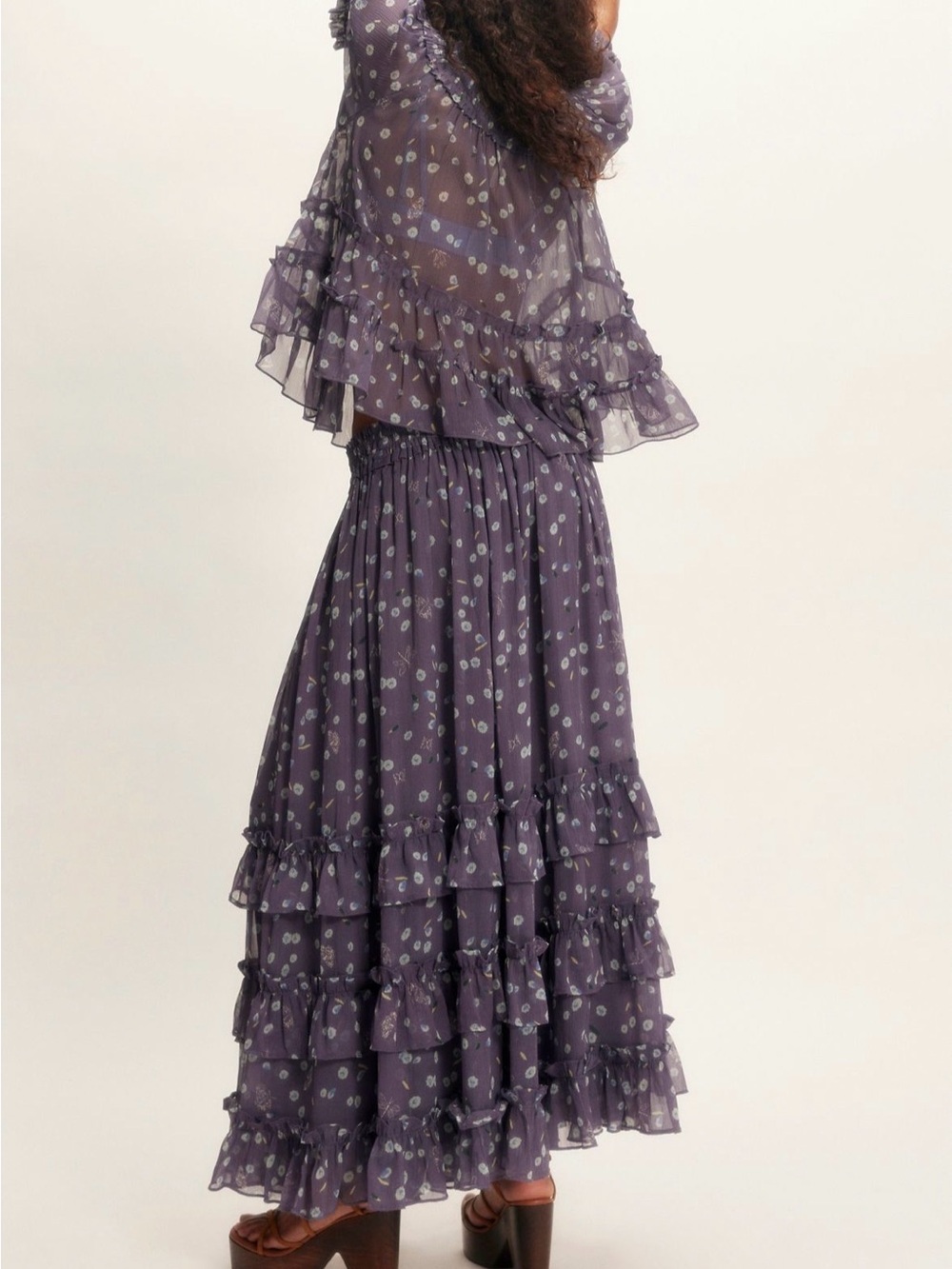 Free People Dusty Blue Floral Tiered two piece set- blouse and maxi skirt - Picture 7 of 9